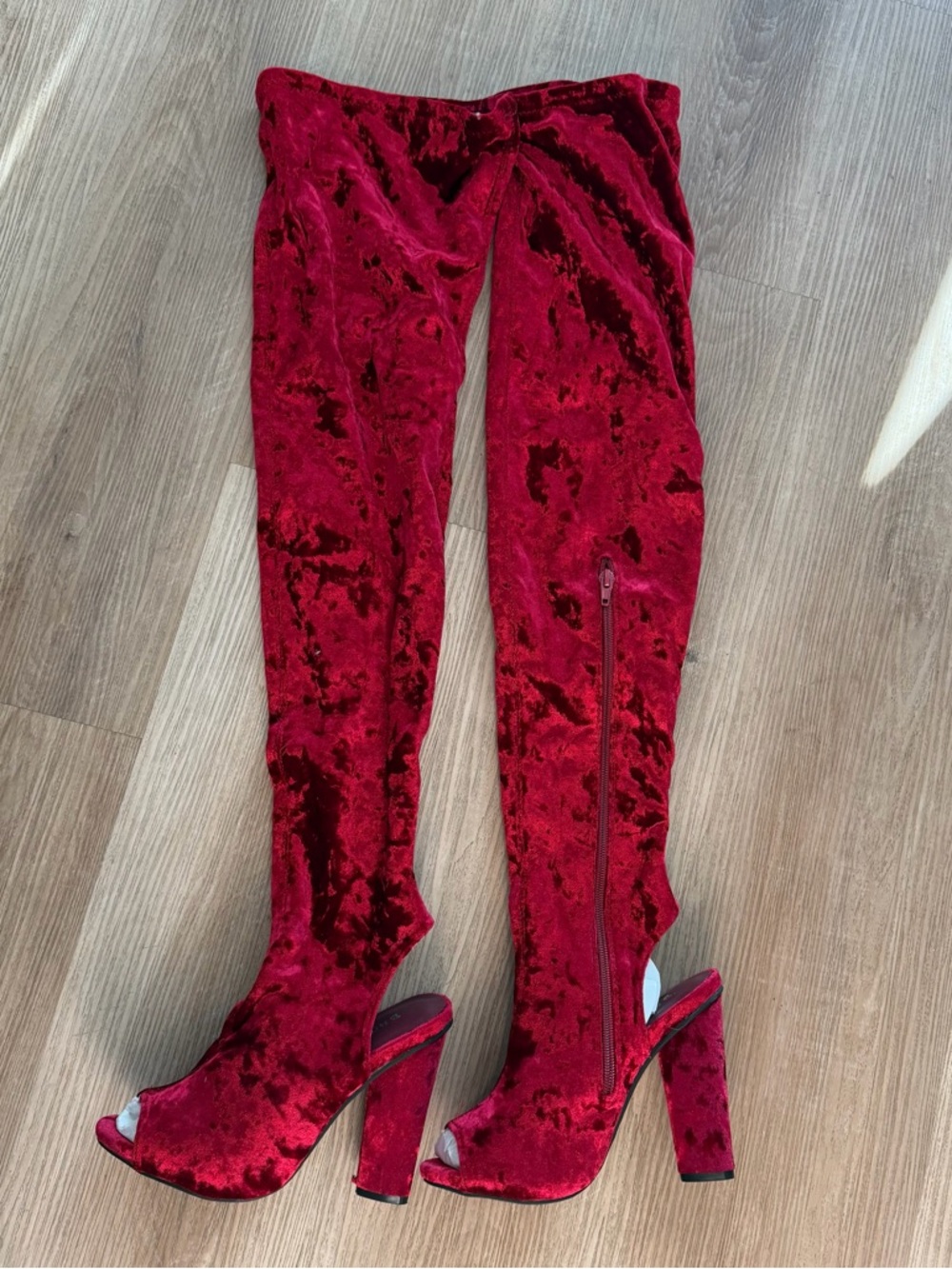 Red Velvet Over-the-Knee Peep-Toe Heels
